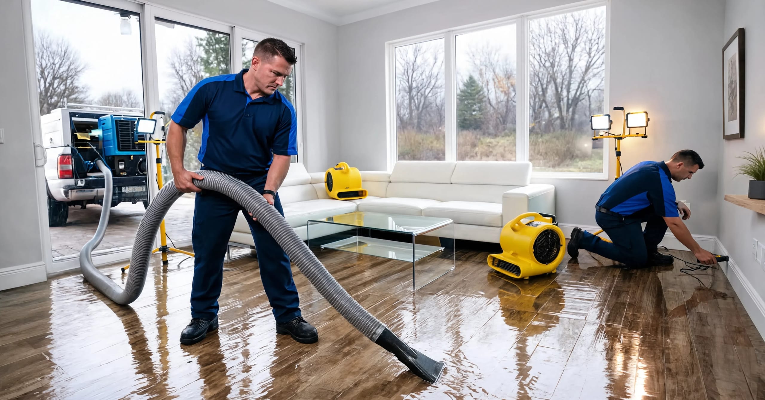 Jonquil City Pro technicians extracting water and running air movers in a flooded Smyrna living room
