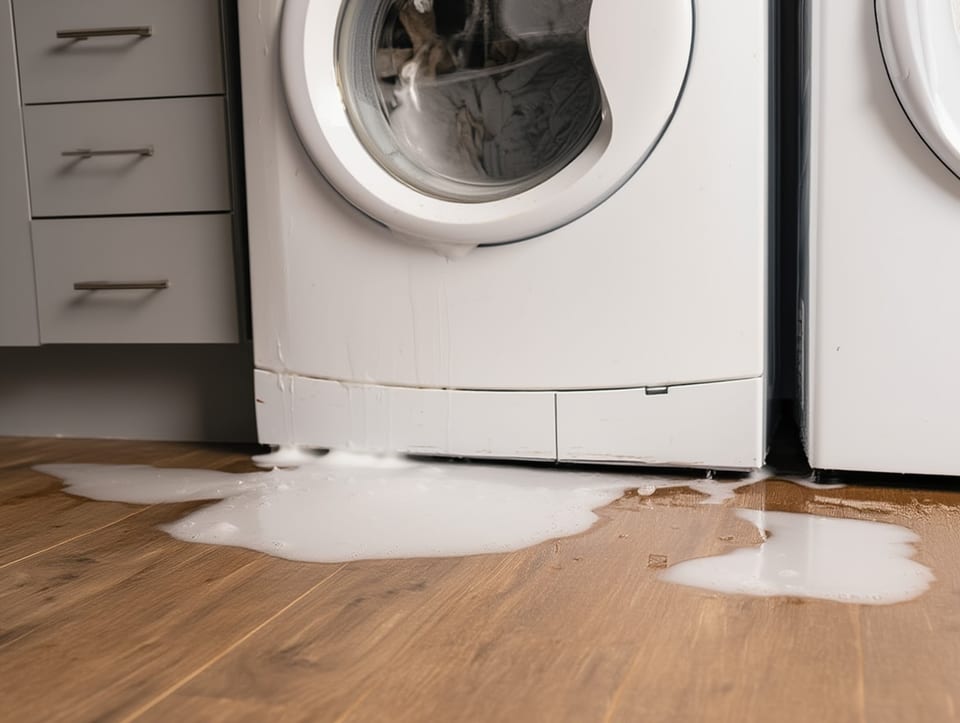 front-load washing machine leaking soapy water pooling across a laundry-room floor