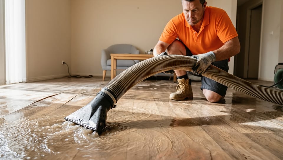 Water damage technician extracting standing water from a wet hardwood floor using a floor wand and extraction hose