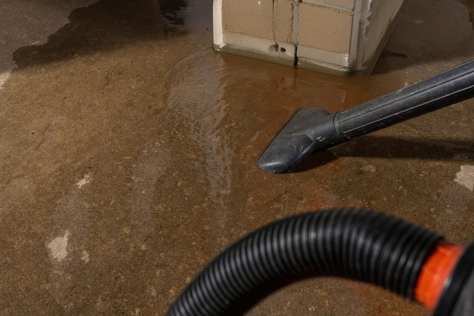 wet-vac extraction hose pulling standing water from flooded concrete basement floor next to water heater
