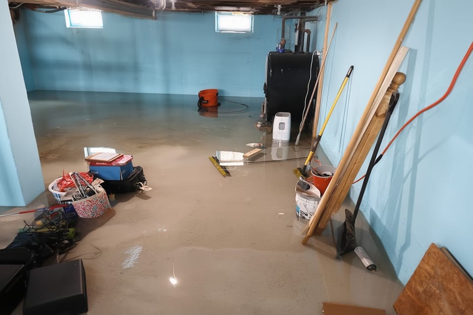 A finished basement flooded with standing water after a storm