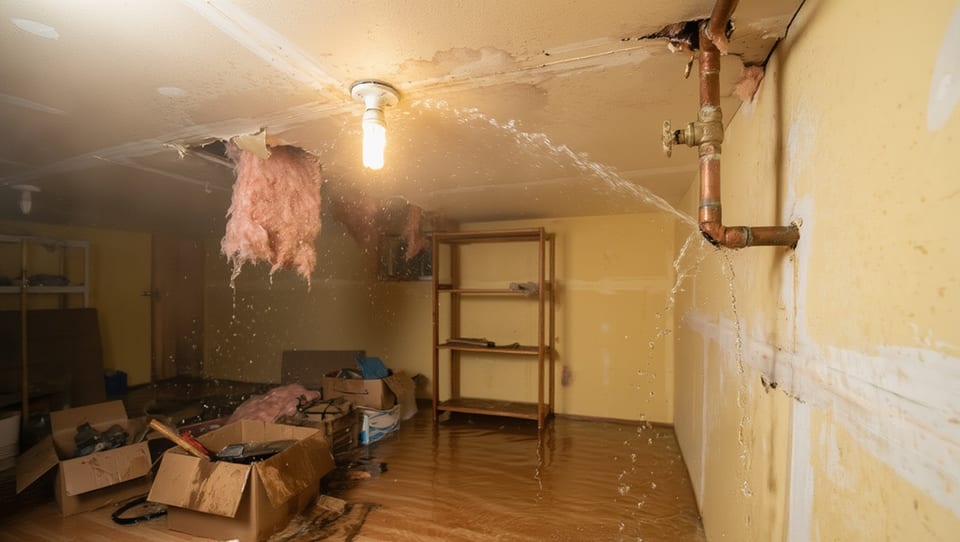 copper supply pipe spraying water at high pressure inside a damaged basement, pooling water on floor and saturated walls
