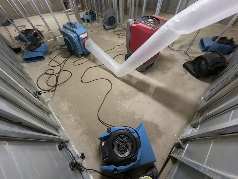 Air movers and dehumidifier deployed in a room with walls opened to studs during structural drying after a burst pipe