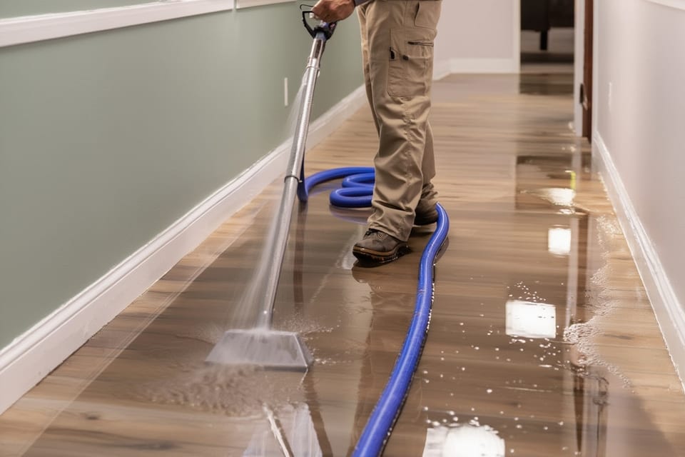 technician extracting water from flooded carpet in hallway with extraction wand and blue hose