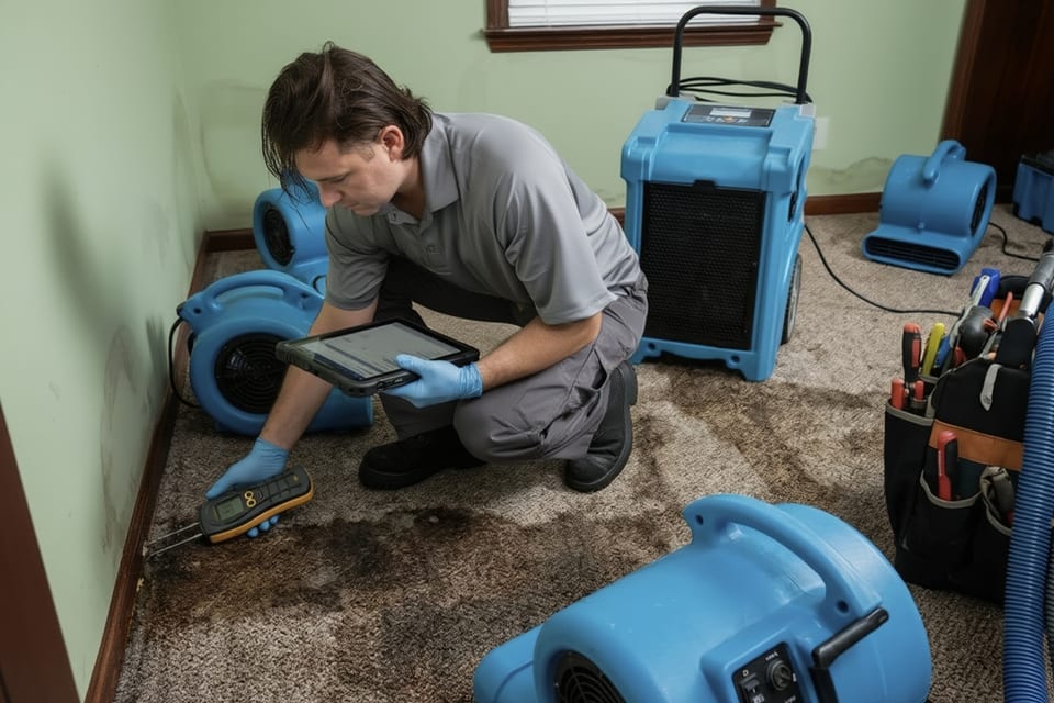 technician taking a moisture reading on water-damaged carpet with air movers and a dehumidifier running