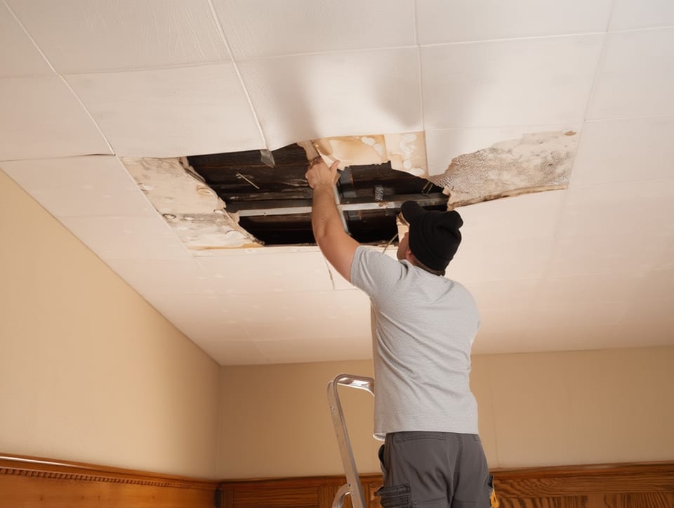 Restoration technician on a ladder removing water-damaged ceiling panels to expose the saturated cavity above