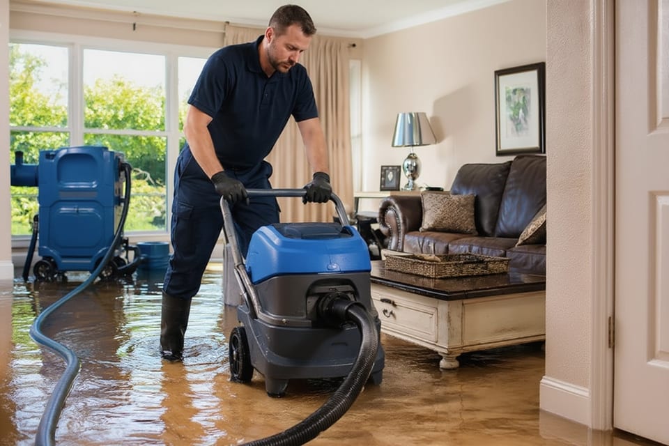 restoration technician extracting standing water from flooded living room with wet vacuum