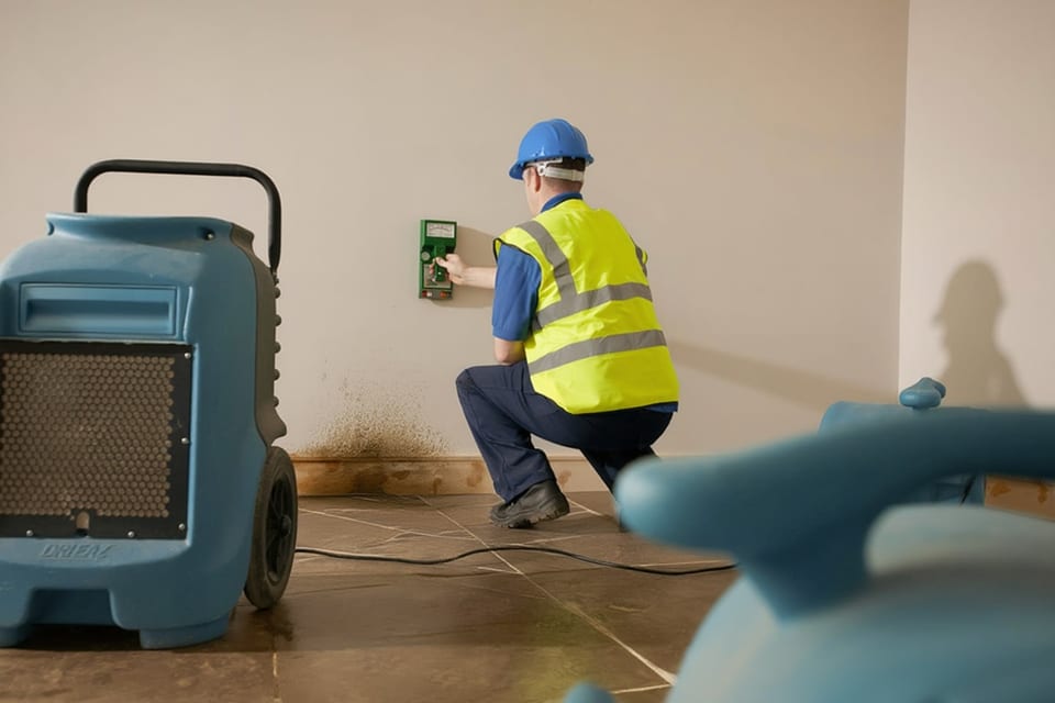 technician taking a moisture reading on an interior wall with a dehumidifier and air mover running