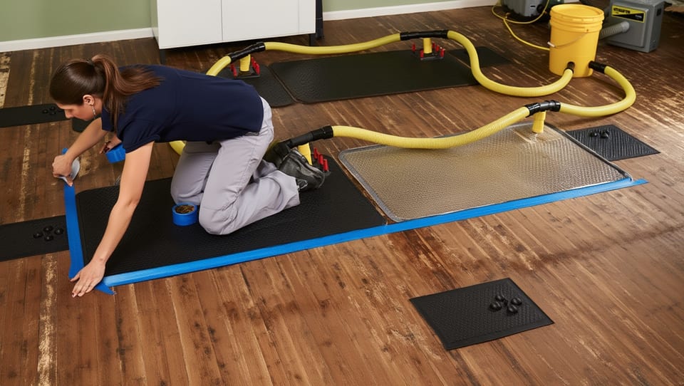 Technician laying hardwood floor drying mats and connecting hoses during water damage restoration