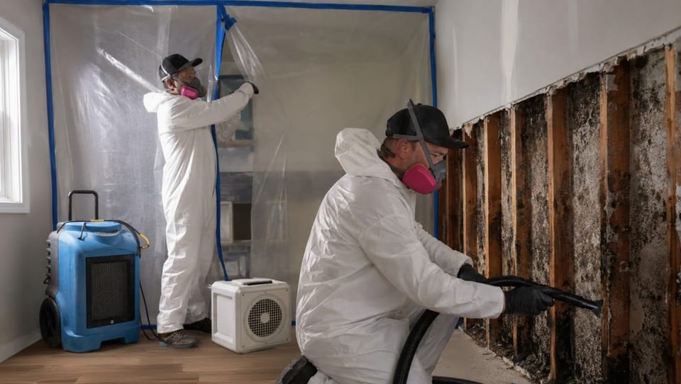 two mold remediation technicians in Tyvek suits and respirators sealing plastic containment barrier and scrubbing mold off exposed wall studs inside a residential room