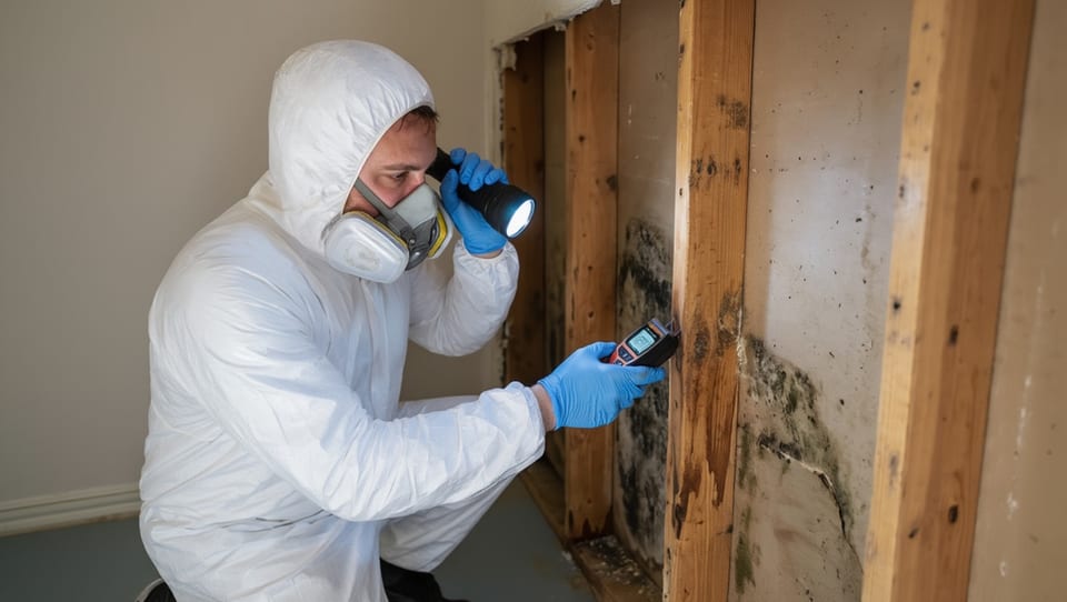 Mold inspector in protective suit using flashlight and moisture reader to assess mold-colonized wall studs before remediation
