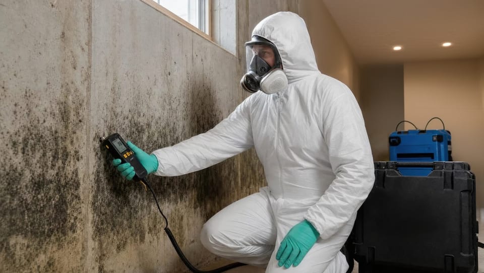 Technician in protective gear removing mold from a contained wall