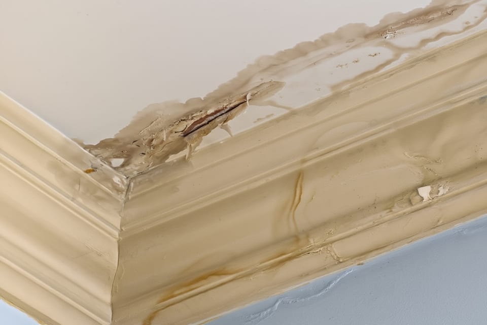 Severe water staining and paint peeling along ceiling cornice after roof leak in residential home
