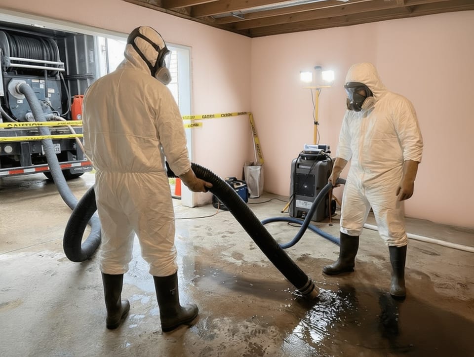 two technicians in Tyvek suits and respirators extracting contaminated water from a flooded residential basement