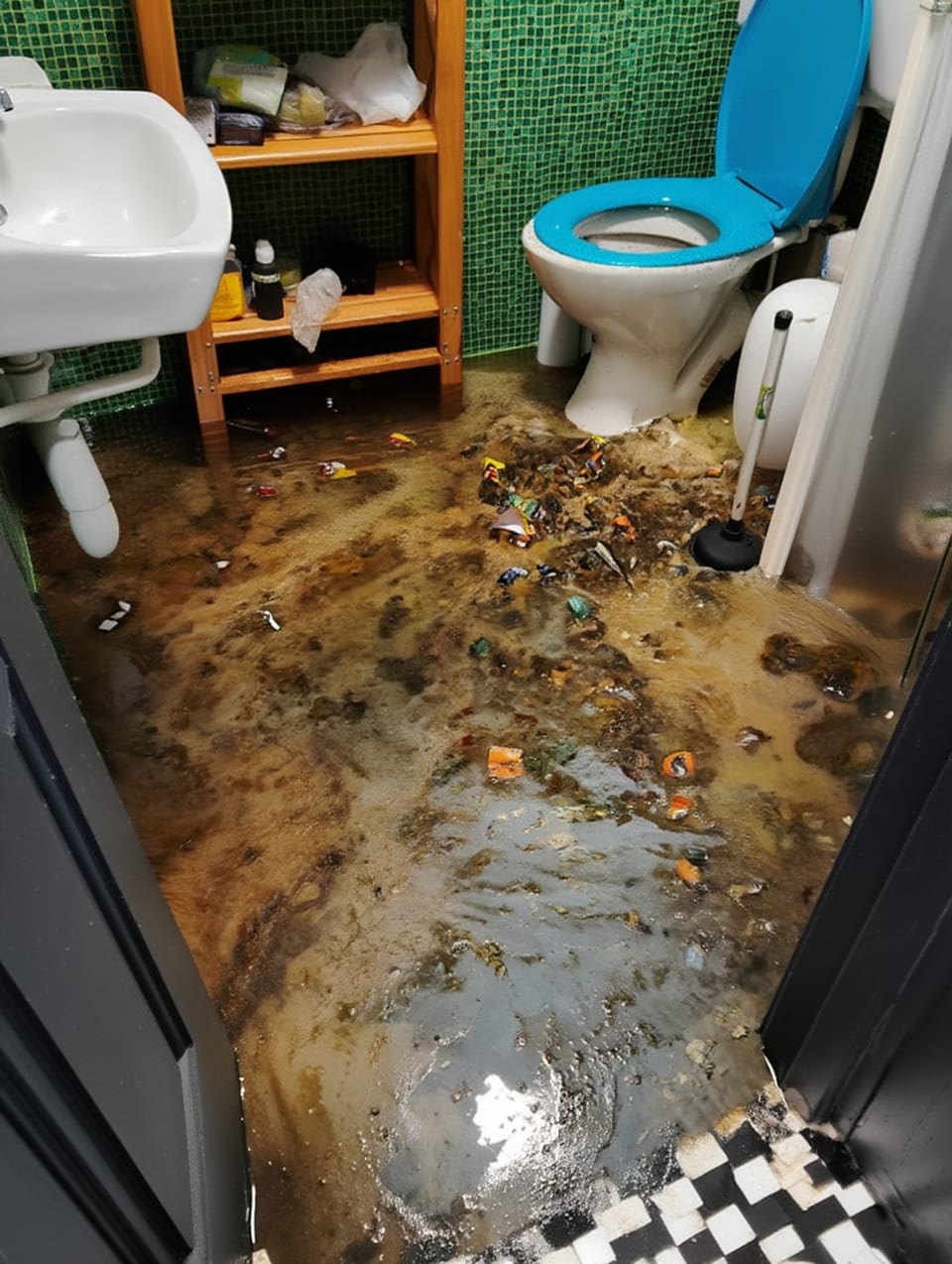 Sewage backup covering bathroom floor with dark contaminated water pooling around toilet and floor drain