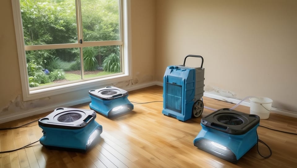 three air movers and a commercial dehumidifier drying a carpeted room with water-stained walls during structural drying