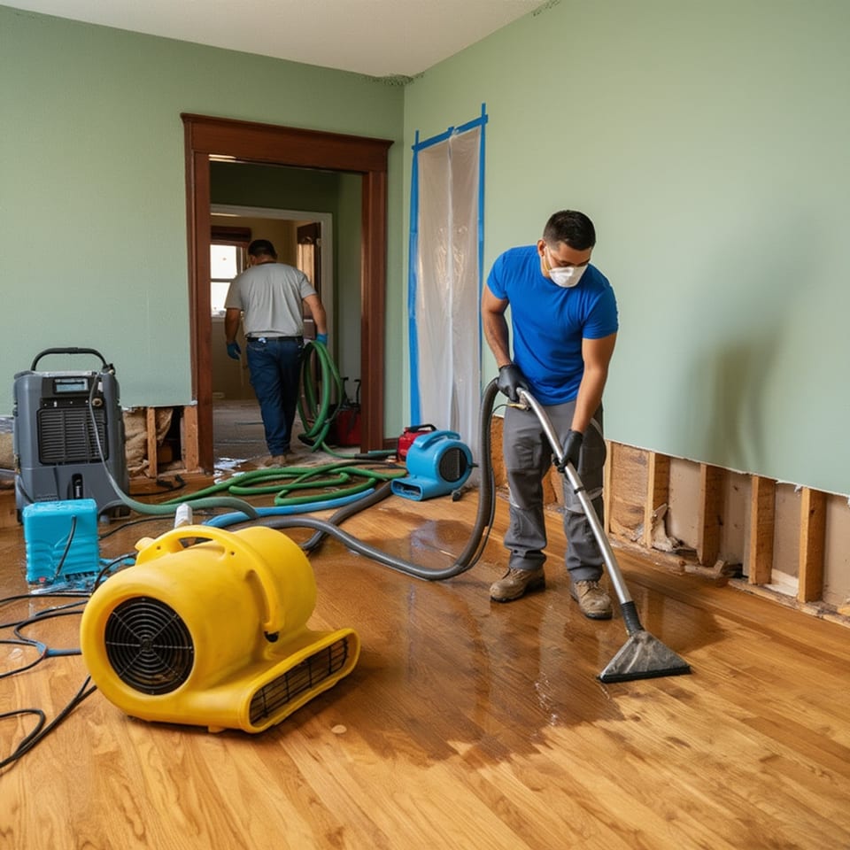 masked technician extracting water from a water-damaged room with an air mover, hoses and a cut-out wet wall, a second tech working in the background