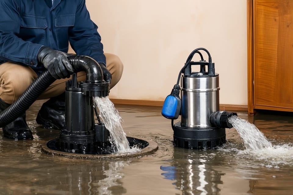 technician operating two submersible pumps in a flooded basement, actively discharging standing water