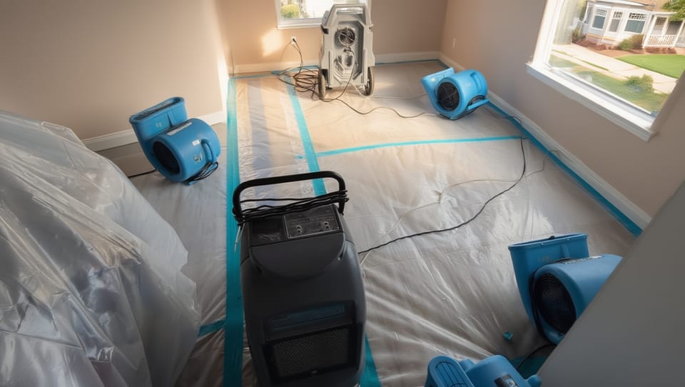 Air movers, a dehumidifier, and containment running to dry a water-damaged room